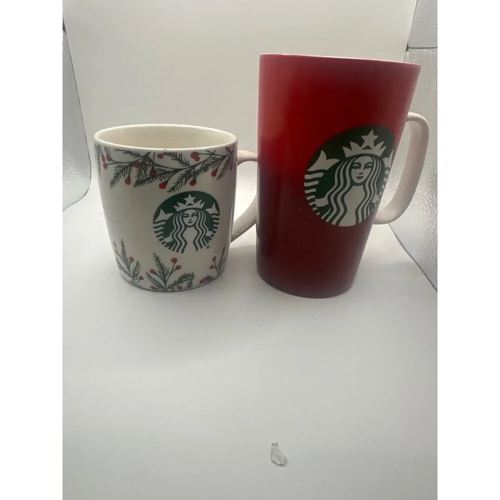 Starbucks Red Holiday Mug 16 Fl Oz & Festive 12 Fl Oz Bone China Mug Set Microwa